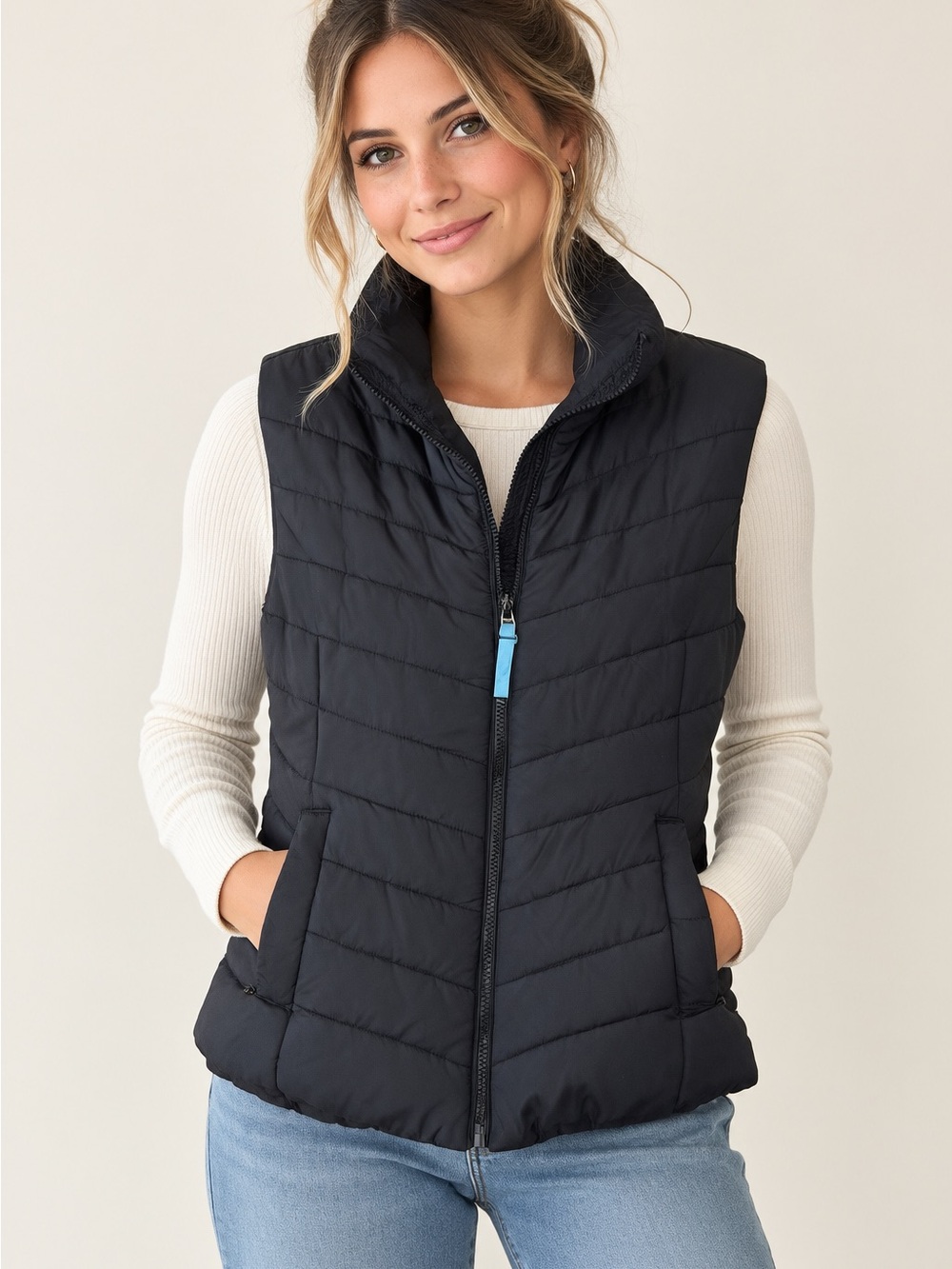 Aeropostale Black Quilted Puffer Vest with High Collar